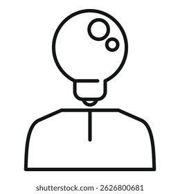 Black and white line drawing of a person with a light bulb for a head, symbolizing ideas