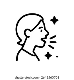 Um desenho em preto e branco de uma pessoa falando, com marcas de fala estilizadas e brilhos em forma de estrela.