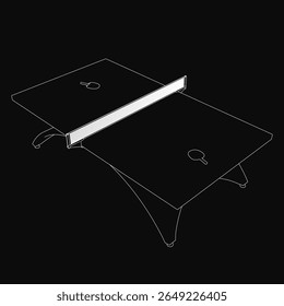 A black and white line drawing of a ping pong table features a white top with a blue border and curved edges. The table has a 3D effect against a black background.
