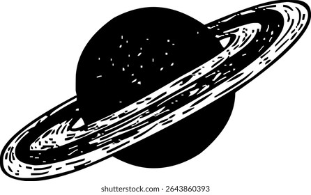 Desenho em linha preta e branca do planeta Saturno com anéis e estrelas circundantes no espaço.