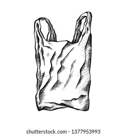 Dibujo en blanco negro de una bolsa de plástico. Contaminación ambiental. Dibujo vectorial garabateado para tu creatividad.