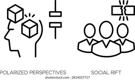 Black and white line drawing of polarized perspectives and social rift concept with people and arrows