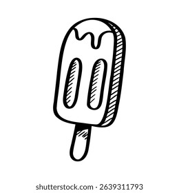 Black and white line drawing of a popsicle with a bite taken from the top, showing melting drips and a wooden stick.