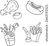 A black and white line drawing of popular fast food items, including a hot dog, fried chicken drumstick, and two servings of french fries. Perfect for coloring pages, menus, or restaurant-themed.