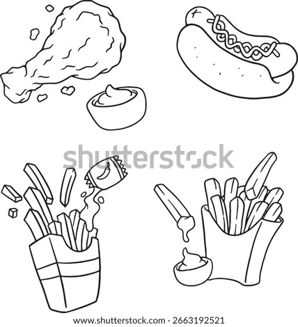 A black and white line drawing of popular fast food items, including a hot dog, fried chicken drumstick, and two servings of french fries. Perfect for coloring pages, menus, or restaurant-themed.