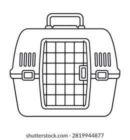 A black and white line drawing of a portable animal carrier with a handle and secure latches