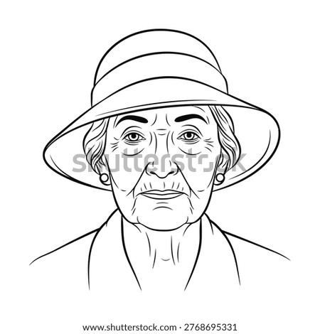 Black and white line drawing portrait of an aged woman with a wide-brimmed hat, showcasing facial wrinkles and a calm, dignified expression.