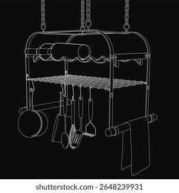 Um desenho de linha preto e branco de um rack de panela com utensílios de cozinha pendurados, incluindo colheres, espátulas e uma garrafa, além de um guardanapo suspenso de uma corrente.