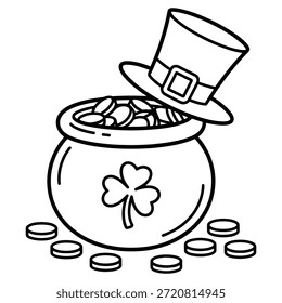 Dibujo en línea en blanco y negro de una olla llena de monedas, decorada con un trébol y coronada con un sombrero de duende, rodeada de monedas dispersas.