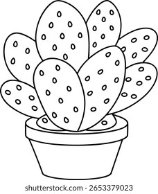 A black and white line drawing of a potted prickly pear cactus. The cactus has multiple oval-shaped pads with circular markings representing areoles. It is in a simple pot.