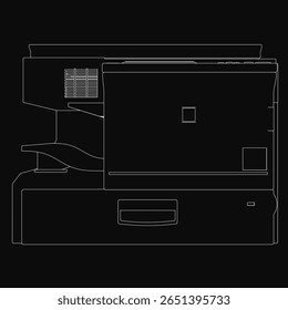 Desenho a preto e branco de uma impressora com recursos multifuncionais. O design elegante apresenta um acabamento brilhante, grande tela LCD.
