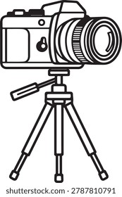 Black and white line drawing of a professional camera setup with a tripod and external flash unit.