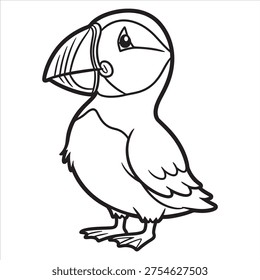 a black and white line drawing of a puffin standing on its feet with its head turned to the right