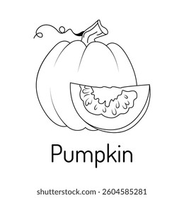 Black and white line drawing of a pumpkin with a sliced piece. Simple and clean illustration for coloring books, educational materials, or design projects.