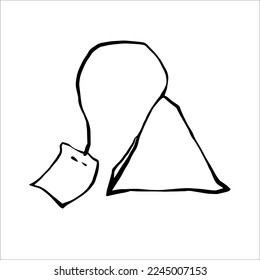 Black and white line drawing of pyramid tea bags with blank labels. Freehand outline vector ink line art illustration.