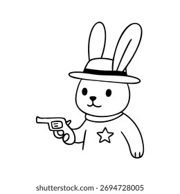 Desenho de linha preto e branco de um coelho usando um chapéu de cowboy e segurando uma arma de brinquedo.  Uma estrela é desenhada na camisa do coelho