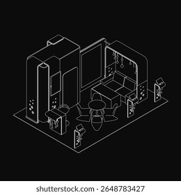 Um desenho em linha preto e branco de uma área de recepção apresenta uma mesa, cadeira e objetos espalhados contra um fundo escuro. O estilo de contorno limpo enfatiza a simplicidade e o design moderno.
