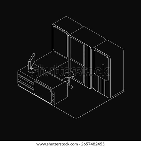 A black and white line drawing of a reception desk with a computer and monitor, accompanied by a chair, set against a dark background. The minimalist design highlights essential office furniture.
