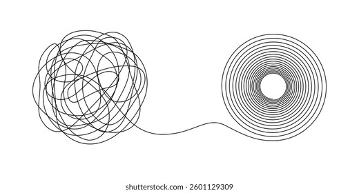 Black and white line drawing representing transformation from chaos to structured order, symbolizing problem-solving and efficiency
