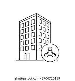 A black and white line drawing representing a multi-story building, likely an office or corporate structure, overlaid with a circular icon depicting a molecular or chemical structure, suggesting scien