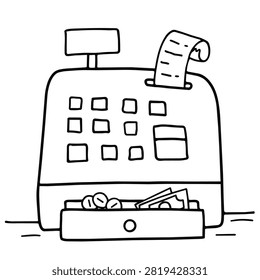 A black and white line drawing of a retro cash register with a receipt and an open drawer containing money