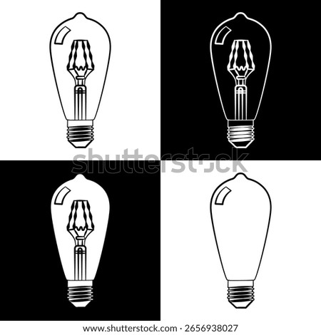 Black and white line drawing of retro Edison-style filament bulb with vintage design and classic shape
