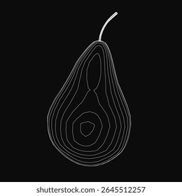 Desenho de linha preto e branco de uma pera madura com curvas suaves e sombreamento sutil, isolado em um fundo escuro para contraste. A ilustração minimalista destaca a elegante silhueta da fruta.