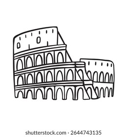 Desenho a preto e branco do Coliseu Romano. Um vetor de arquitetura histórica ideal para projetos educacionais ou de viagem