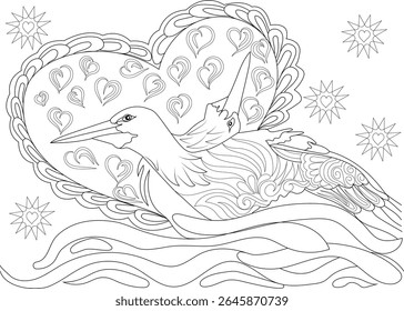 Black and white line drawing of romantic love birds, a large heart with small hearts, wavy lines, and star ornaments. For coloring.