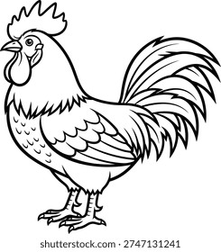 A black and white line drawing of a rooster