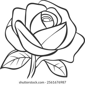 A black and white line drawing of a rose with leaves