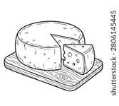 Black and white line drawing of a round cheese on a wooden board illustration