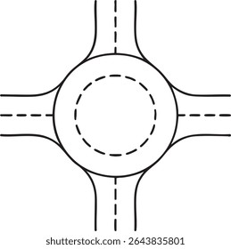 Um desenho em linha preta e branca de uma rotatória com quatro estradas em interseção, apresentando linhas tracejadas para indicar as marcas da pista.