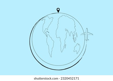 Black and white line drawing. The route of travel from the checkpoint and destination is a passenger plane. In the middle is the world. Blue background and copy space.