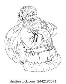 Black and white line drawing of santa claus carrying a sack of gifts.