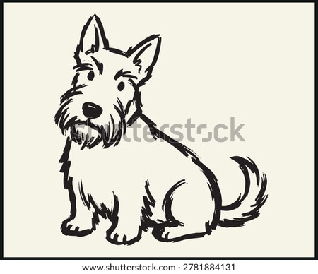 Black and white line drawing of Scottish terrier dog sitting upright with distinctive beard and ears against plain light background