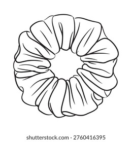 A black and white line drawing of a scrunchie hair tie