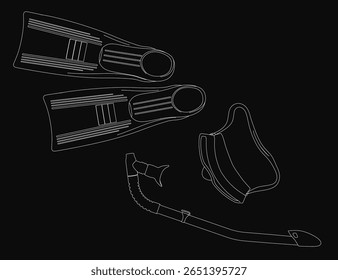 A black and white line drawing of a scuba mask and snorkel set against a dark background. The mask is outlined in white, while the snorkel is drawn in black, creating a striking contrast.
