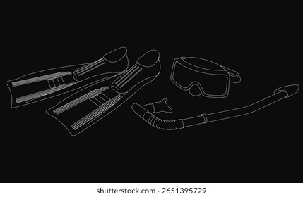 A black and white line drawing of a scuba mask, snorkel, and fins for diving, set against a dark mysterious background. The minimalist design highlights essential diving gear with an adventurous feel.