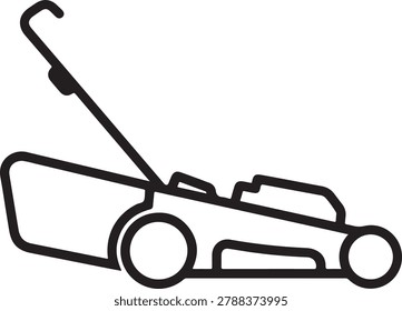 Black and white line drawing of a self-propelled lawn mower collecting grass clippings with a bagger attachment