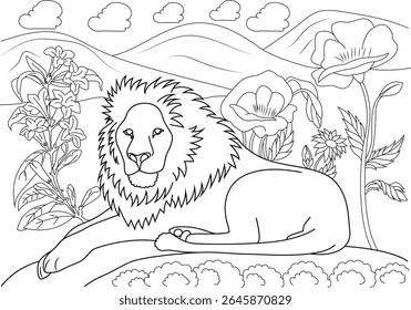 Black and white line drawing of a serene lion among flowers and hills, ideal for coloring, illustration, and creative projects.