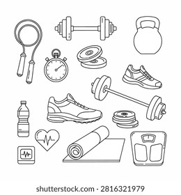Black and white line drawing set of everyday objects including scissors pens scissors keys cups shoes and more