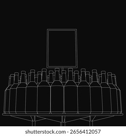 A black and white line drawing of a shelf stocked with bottled beer, featuring various bottle shapes and labels. The background includes a wooden board, adding texture and depth.