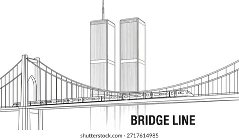 Un dibujo de líneas en blanco y negro muestra el icónico horizonte de la Nueva ciudad de York, destacando un puente, las torres gemelas y un metro. Esta ilustración captura la sensación urbana de la ciudad y representa