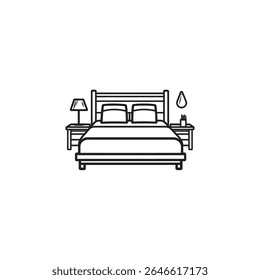Desenho de linha preto e branco exibindo uma cama com travesseiros, duas arquibancadas com acessórios, incluindo uma lâmpada e um objeto decorativo, isolado sobre fundo branco.
