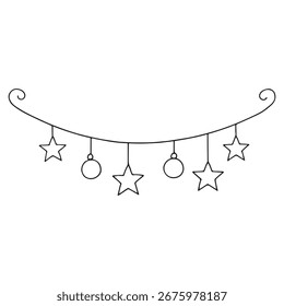 Dibujo de líneas en blanco y negro que muestra una delicada línea curva con estrellas colgantes decorativas y Formas de adornos, colocadas sobre un fondo transparente para una fácil integración.
