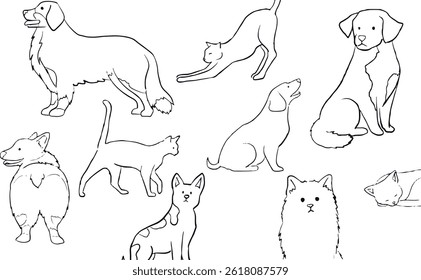 Black and white line drawing showing various domestic cats and dogs. lab, corgi, puppy and cat. For a coloring book or educational material about pets.