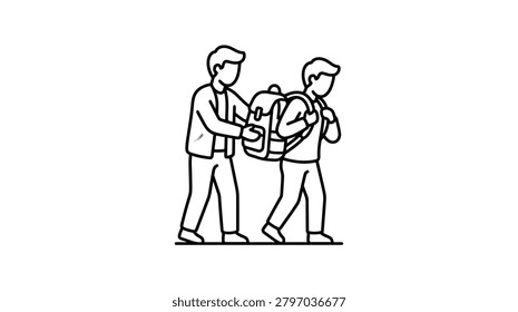 A black and white line drawing showing a thief reaching into the backpack of a person walking away
