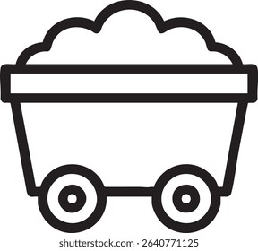 A black and white line drawing shows a mining cart with two wheels, filled with a substance resembling coal or ore.