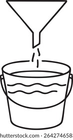 A black and white line drawing shows liquid filtering through a funnel into a bucket partially filled with wavy water.